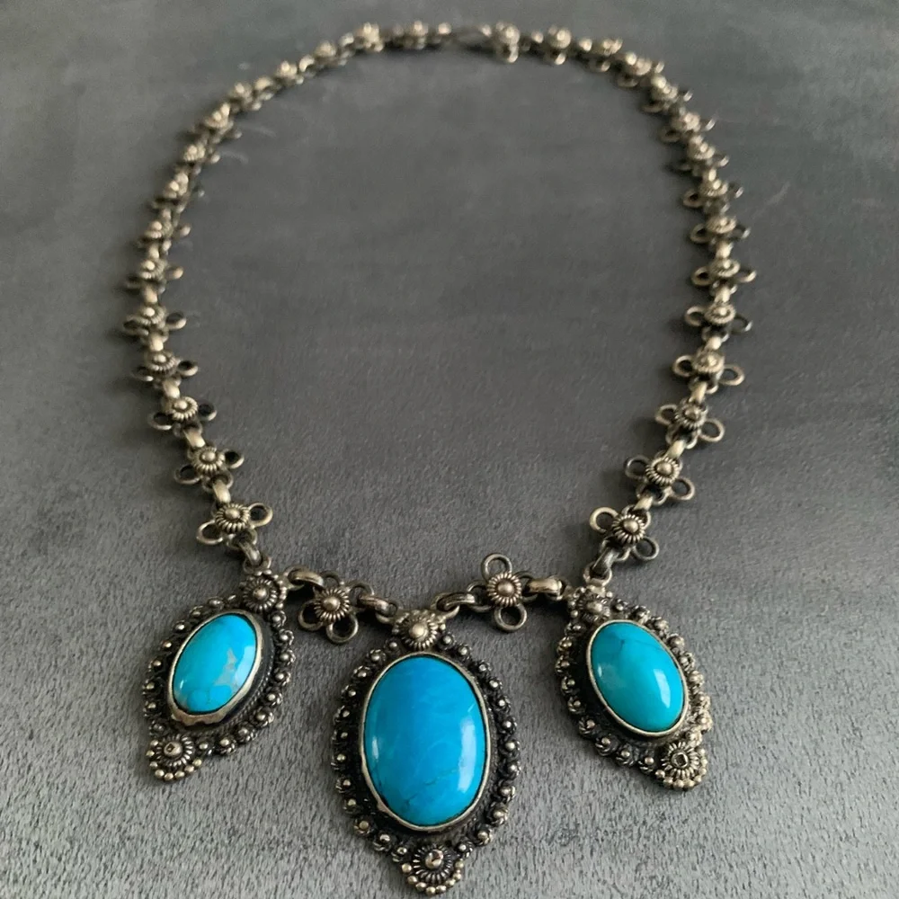 Vintage Rare Egyptian Silver and Turquoise Necklace - Picture 1 of 8